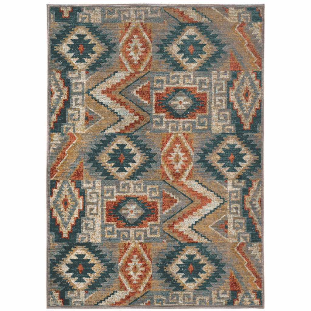 10' X 13' Blue Teal Grey Orange Gold Ivory And Rust Geometric Power Loom Stain Resistant Area Rug - Homeroots - Flyclothing LLC