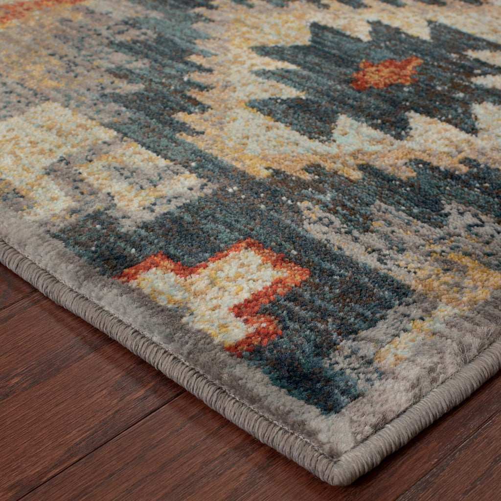 10' X 13' Blue Teal Grey Orange Gold Ivory And Rust Geometric Power Loom Stain Resistant Area Rug - Homeroots - Flyclothing LLC