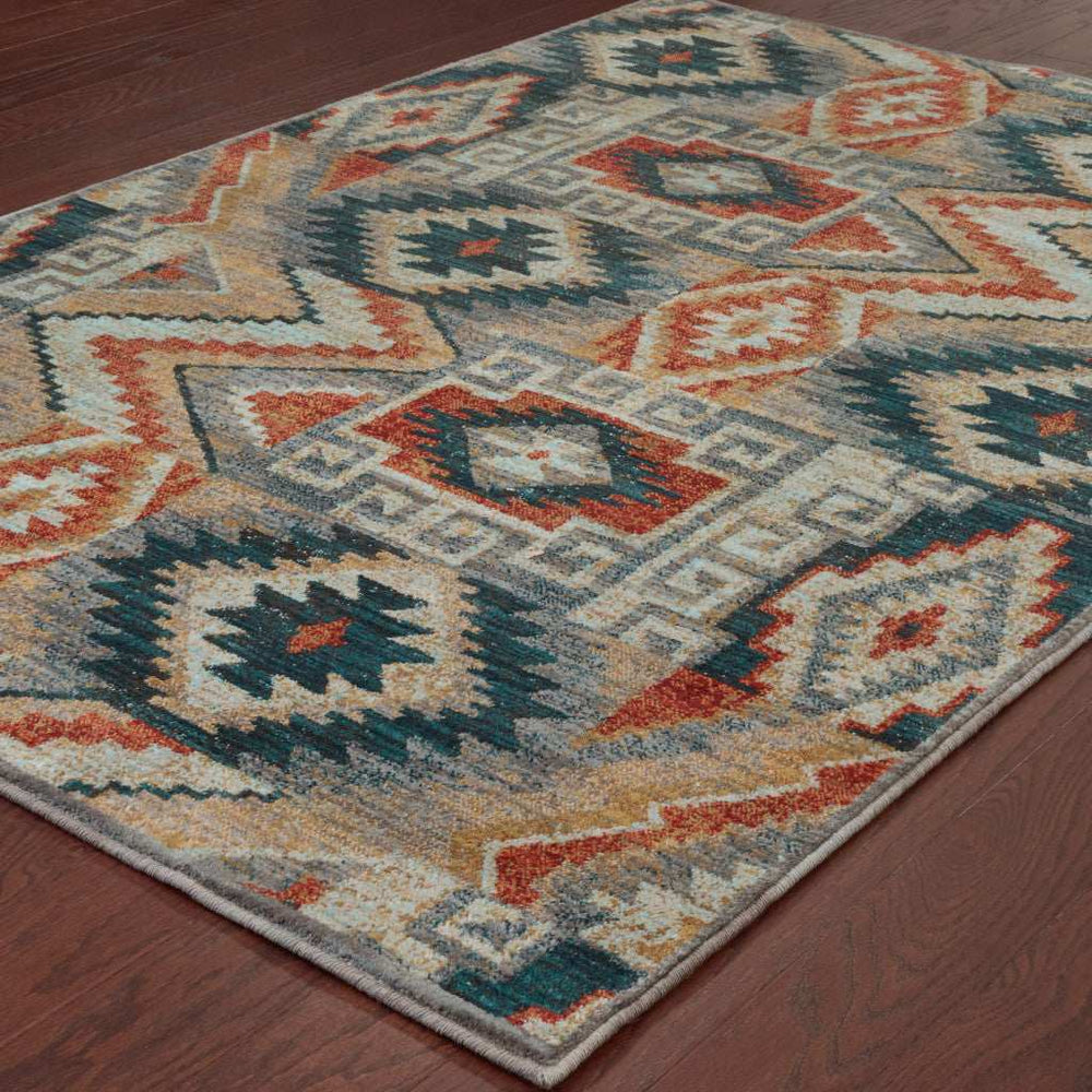 10' X 13' Blue Teal Grey Orange Gold Ivory And Rust Geometric Power Loom Stain Resistant Area Rug - Homeroots - Flyclothing LLC