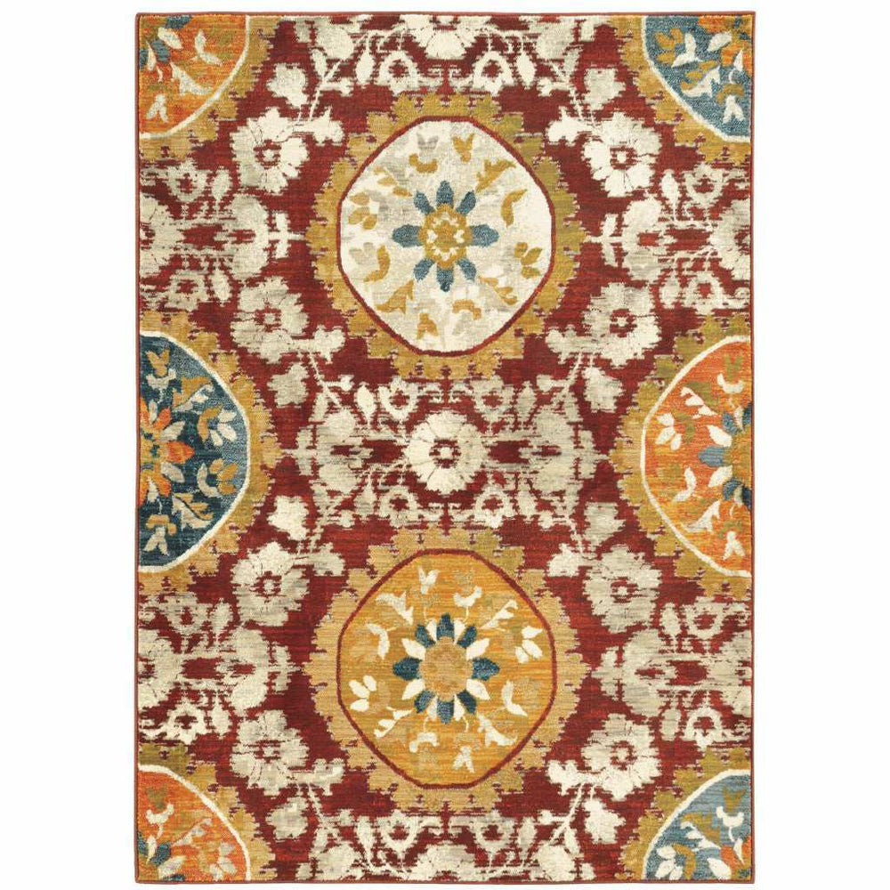 10' X 13' Red Gold Teal Grey Ivory And Blue Oriental Power Loom Stain Resistant Area Rug - Homeroots