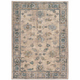 10' X 13' Ivory Blue Gold And Grey Oriental Power Loom Stain Resistant Area Rug