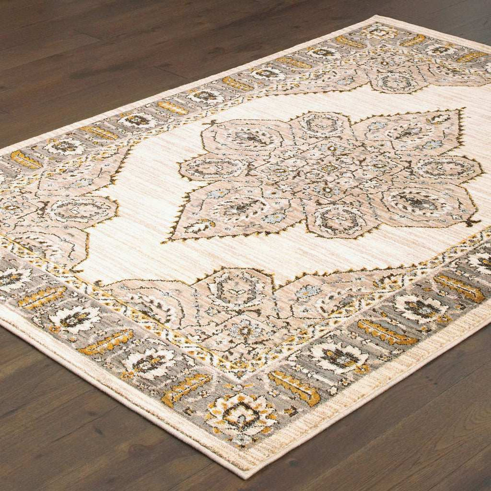 10' X 13' Ivory Gold Grey And Blue Oriental Power Loom Stain Resistant Area Rug - Homeroots - Flyclothing LLC