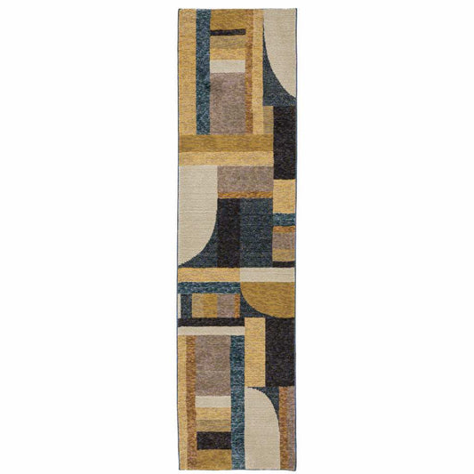 8' Runner Blue and Beige Geometric Power Loom Runner Rug - Homeroots - Flyclothing LLC