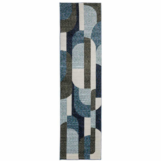 8' Runner Blue and Ivory Geometric Power Loom Runner Rug - Homeroots - Flyclothing LLC