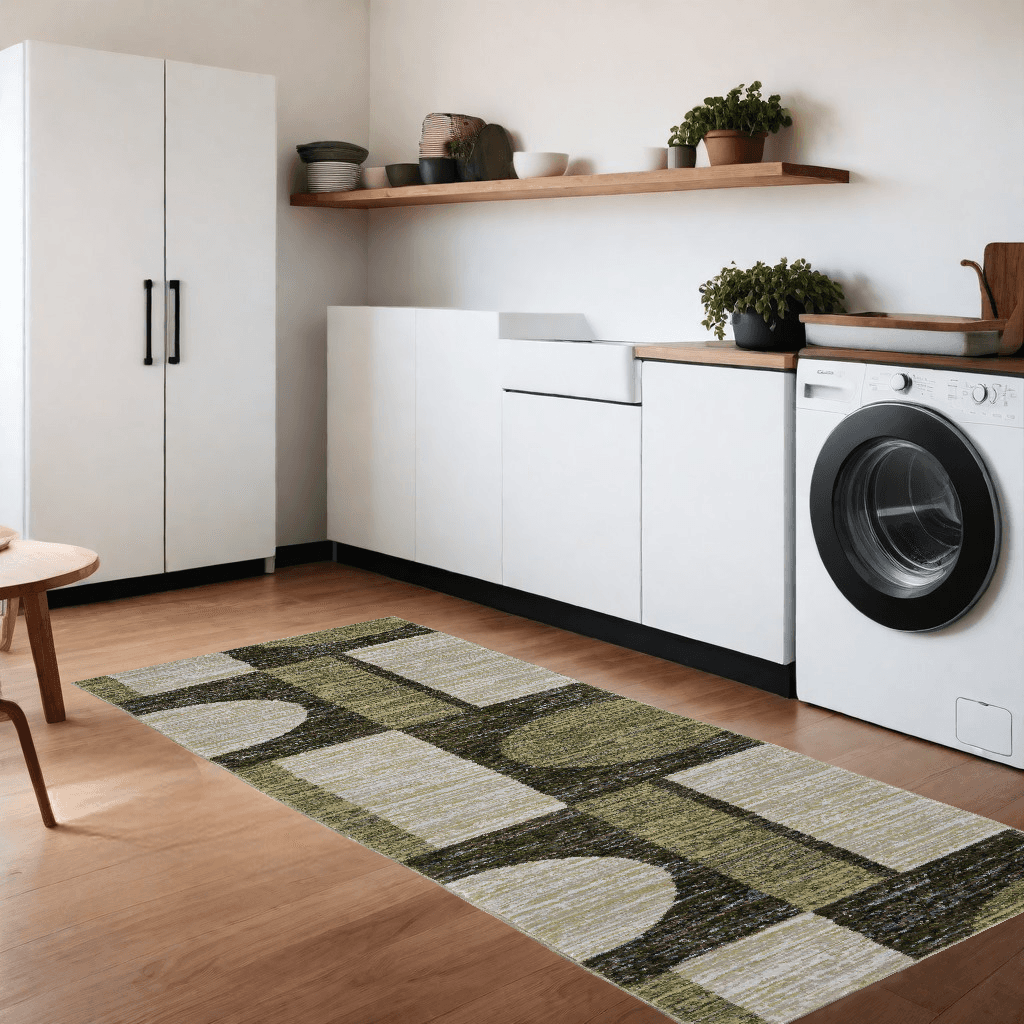 8' Runner Blue and Beige Geometric Power Loom Runner Rug - Homeroots - Flyclothing LLC