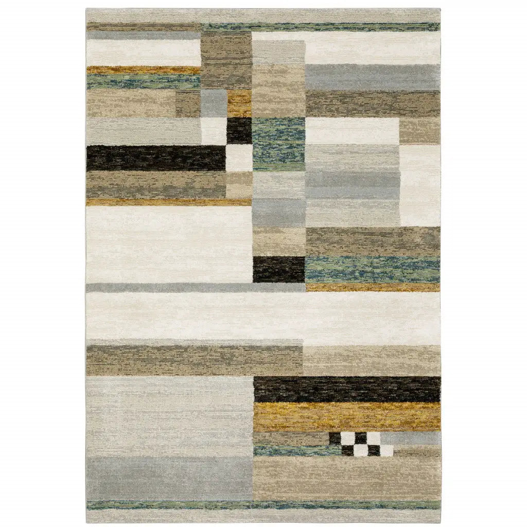 10' X 13' Beige Gold Black Grey Tan Teal and Rust Geometric Power Loom Area Rug - Homeroots - Flyclothing LLC