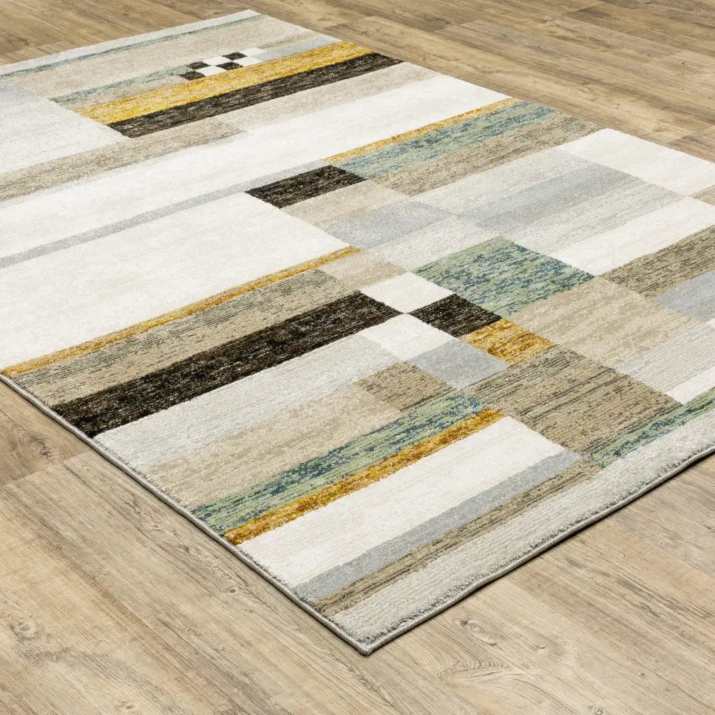 7' X 10' Beige Gold Black Grey Tan Teal and Rust Geometric Power Loom Area Rug - Homeroots - Flyclothing LLC