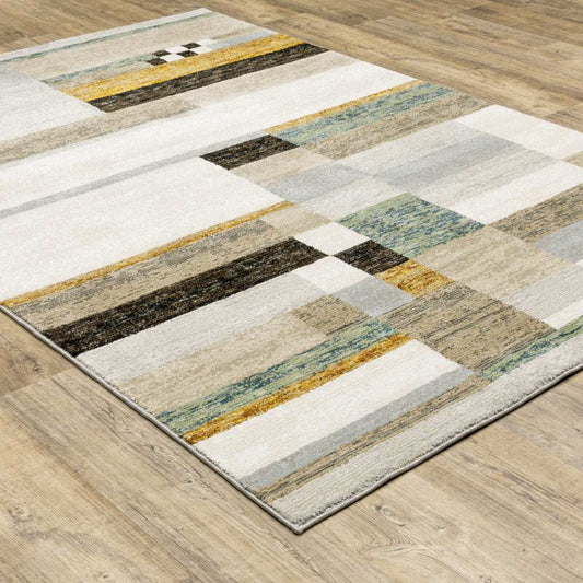 7' X 10' Beige Gold Black Grey Tan Teal and Rust Geometric Power Loom Area Rug - Homeroots - Flyclothing LLC