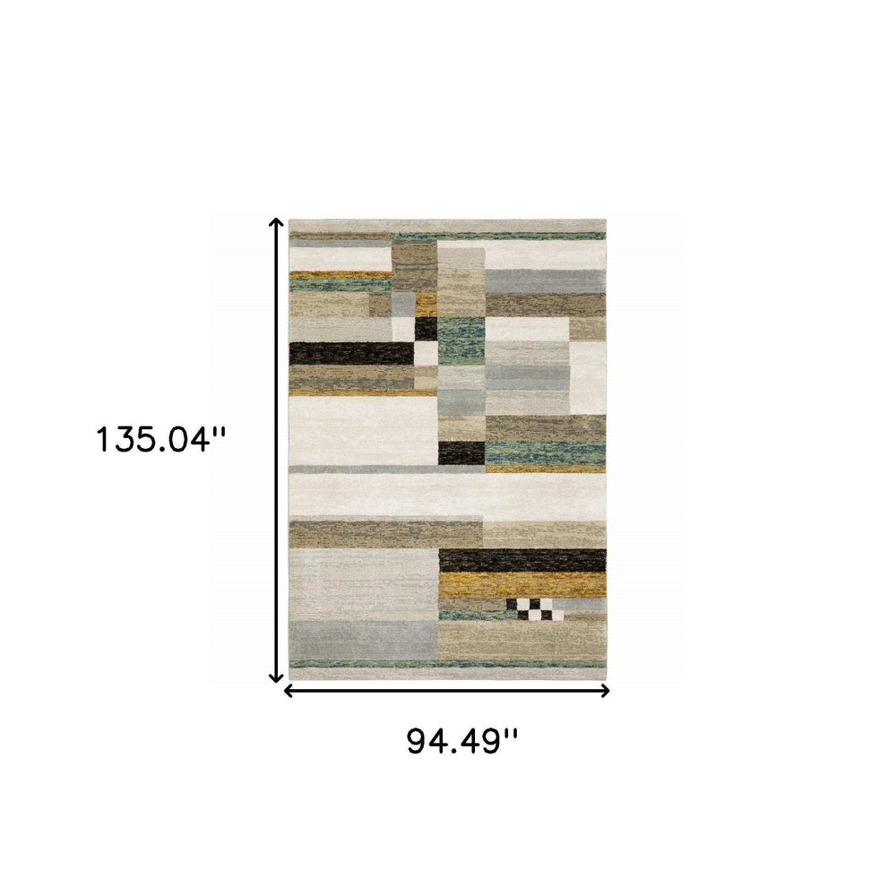 8' X 11' Beige Gold Black Grey Tan Teal and Rust Geometric Power Loom Area Rug - Homeroots - Flyclothing LLC