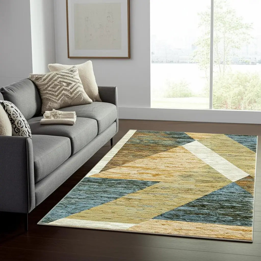 5' X 7' Blue and Beige Geometric Power Loom Area Rug - Homeroots - Flyclothing LLC