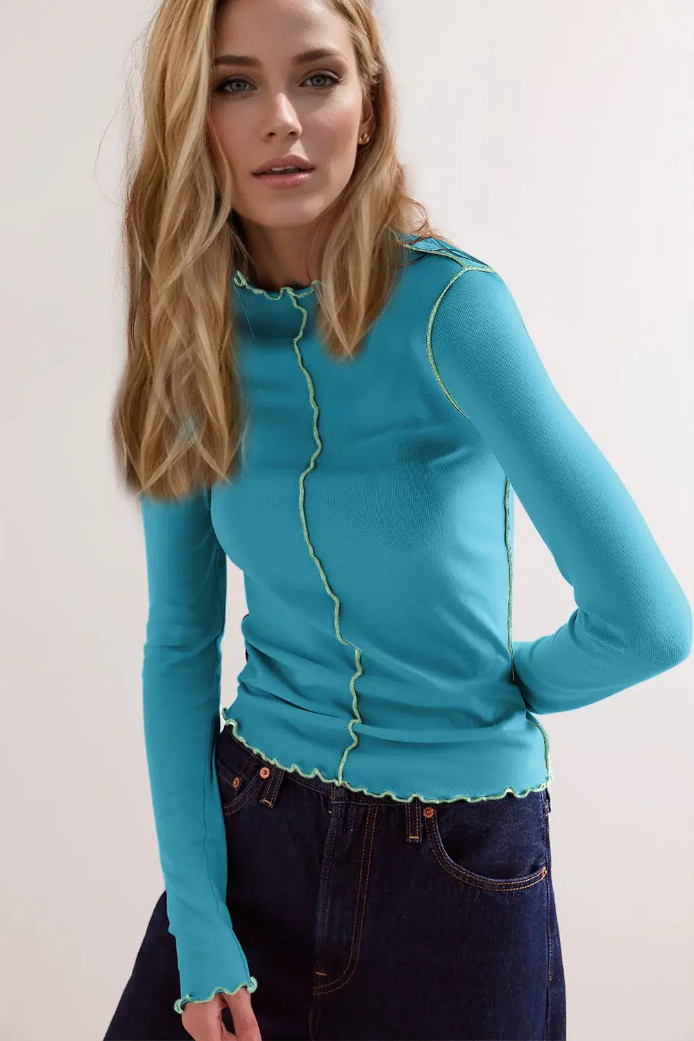 Basic Bae Contrast Trim Mock Neck Long Sleeve T-Shirt - ShopBasicbae - Flyclothing LLC