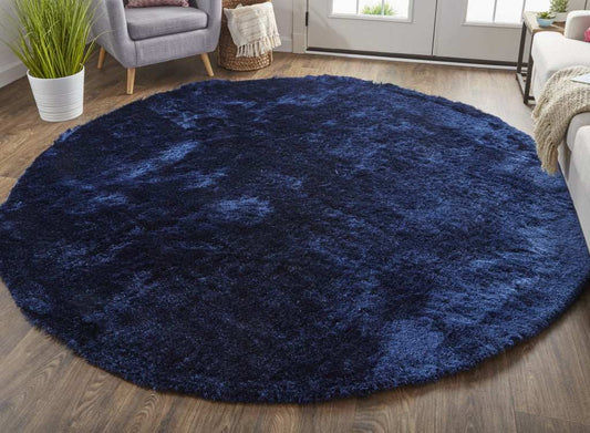 8' Blue And Black Round Shag Tufted Handmade Area Rug - Homeroots - Flyclothing LLC