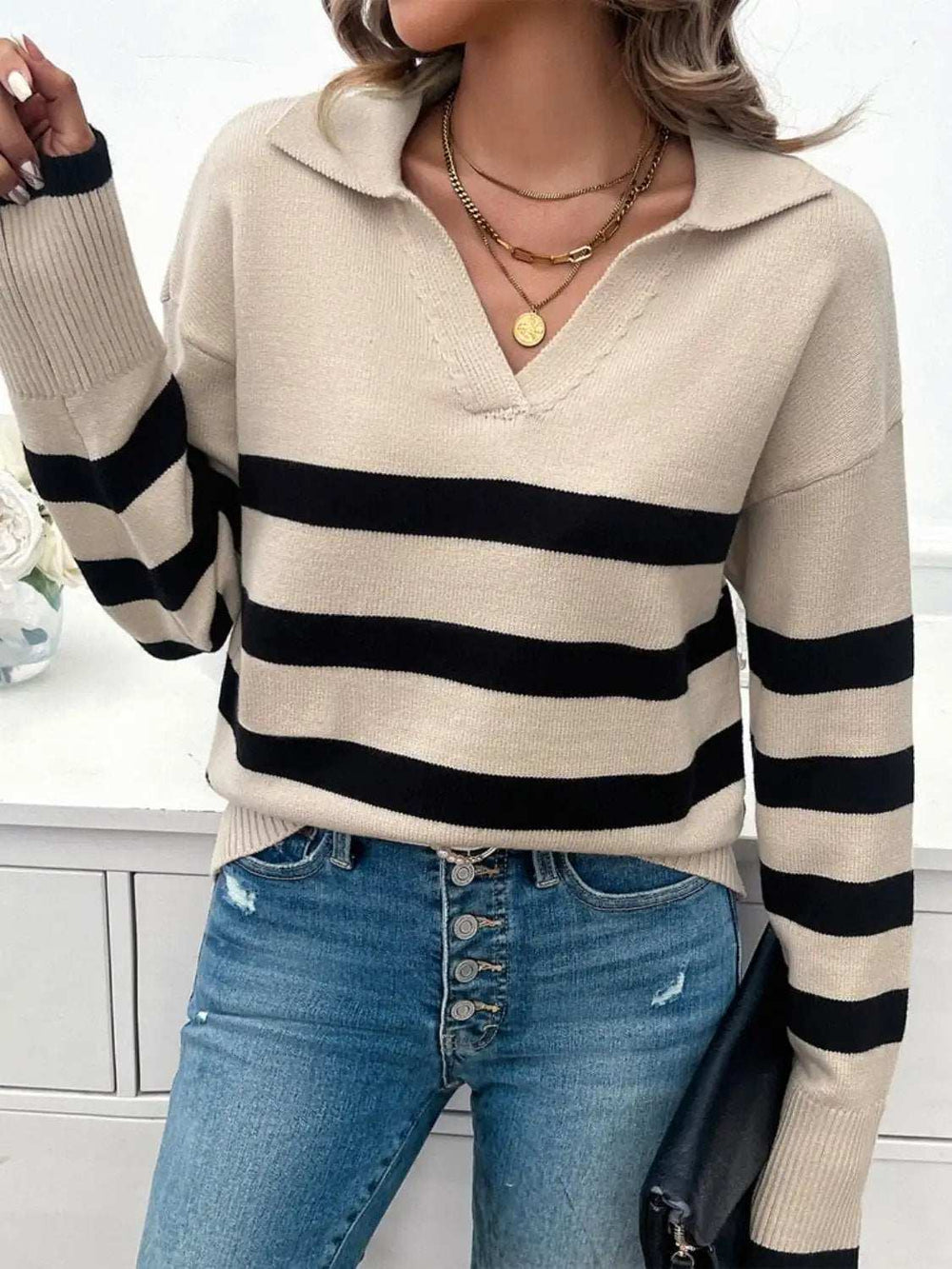 Striped Collared Neck Long Sleeve Sweater - Trendsi - Flyclothing LLC