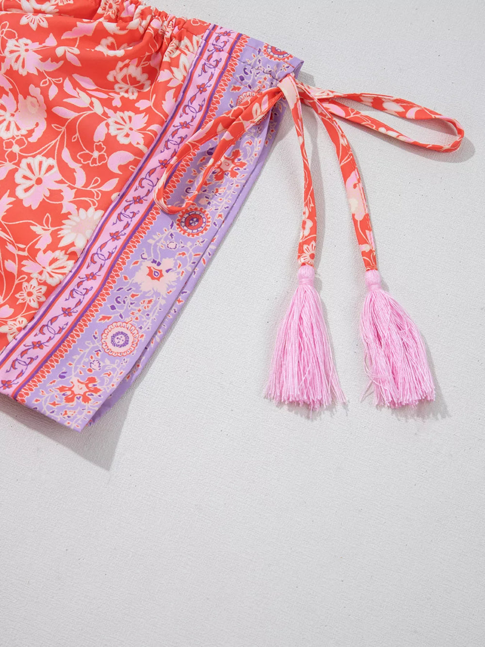 Floral Print Tasseled Tied Sleeve Empire Waist Dress - Trendsi - Flyclothing LLC