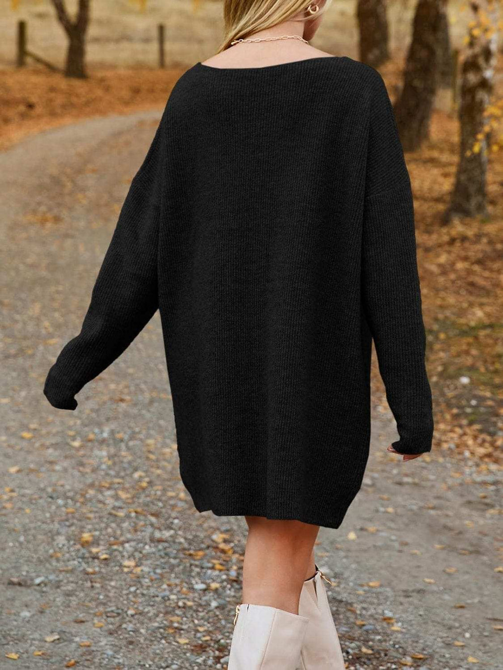 V-Neck Dropped Shoulder Sweater Dress - Trendsi - Flyclothing LLC