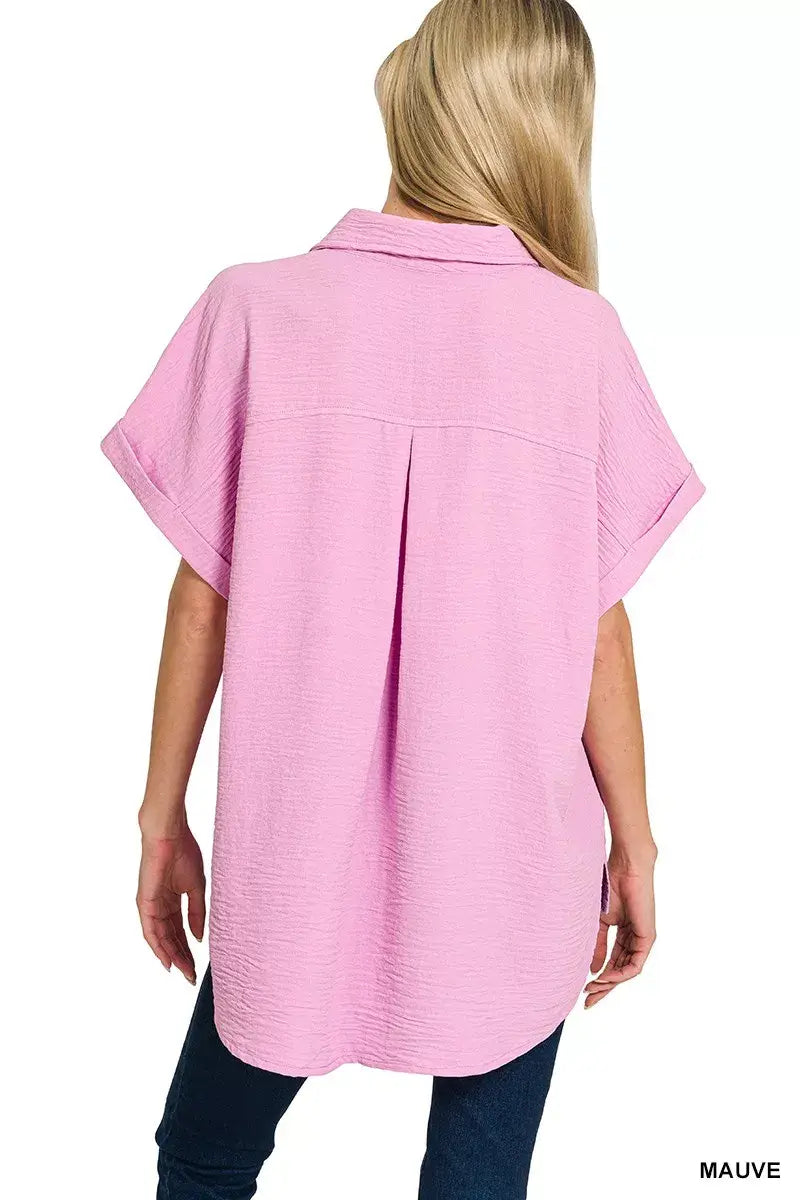 Zenana Woven Airflow Button Down Shirt - Trendsi - Flyclothing LLC