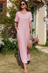 Slit Pocketed V-Neck Short Sleeve Dress - Trendsi - Flyclothing LLC