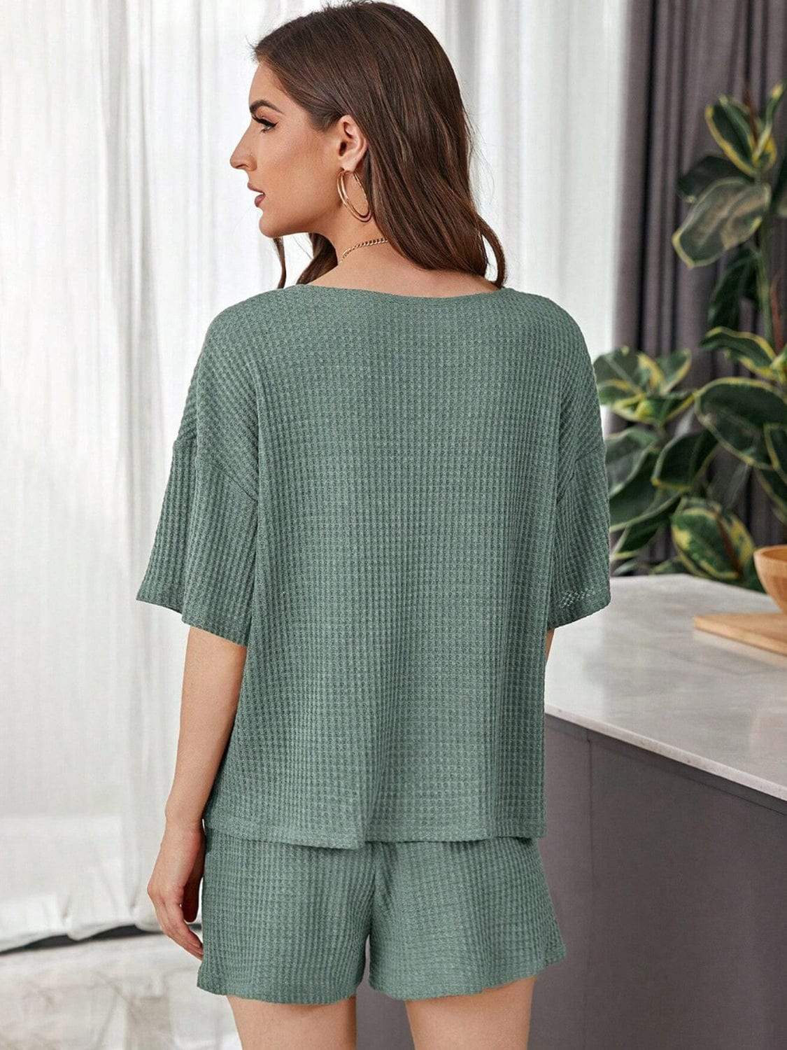 Full Size Waffle-Knit Dropped Shoulder Top and Shorts Set - Trendsi - Flyclothing LLC