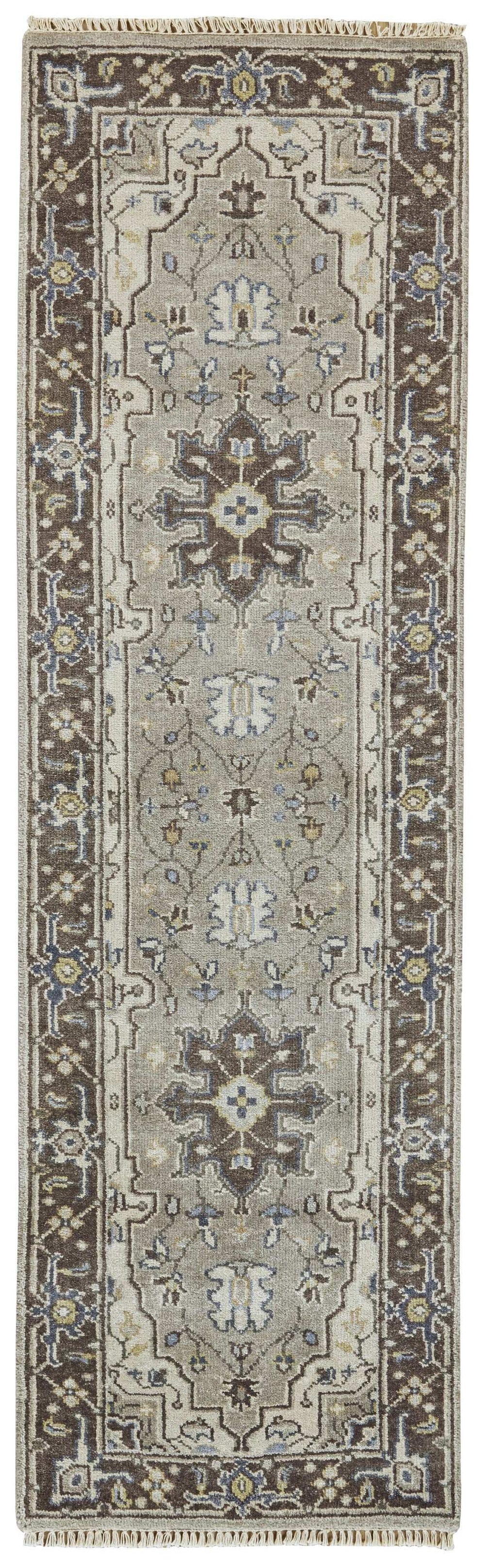 8' Beige Blue and Gray Medallion Hand Knotted Runner Rug With Fringe - Homeroots - Flyclothing LLC