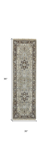 8' Beige Blue and Gray Medallion Hand Knotted Runner Rug With Fringe - Homeroots - Flyclothing LLC