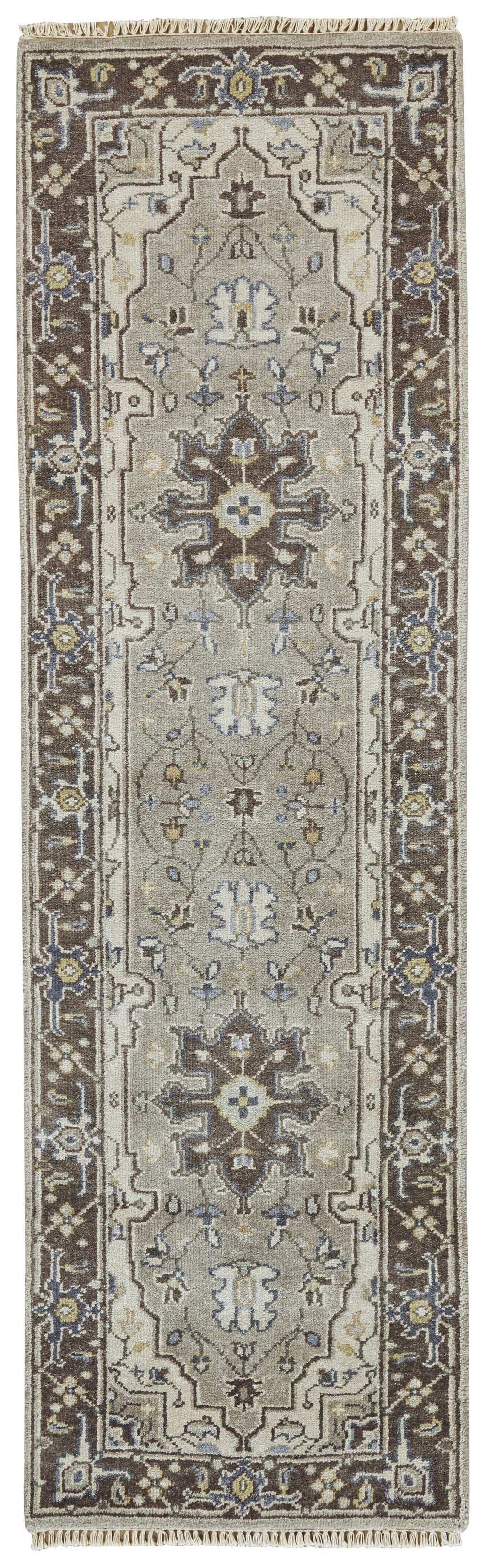 8' Beige Blue and Gray Medallion Hand Knotted Runner Rug With Fringe - Homeroots - Flyclothing LLC