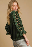 Umgee Polka Dot Lace Long Sleeve Round Neck Blouse - Trendsi