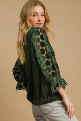 Umgee Polka Dot Lace Long Sleeve Round Neck Blouse - Trendsi