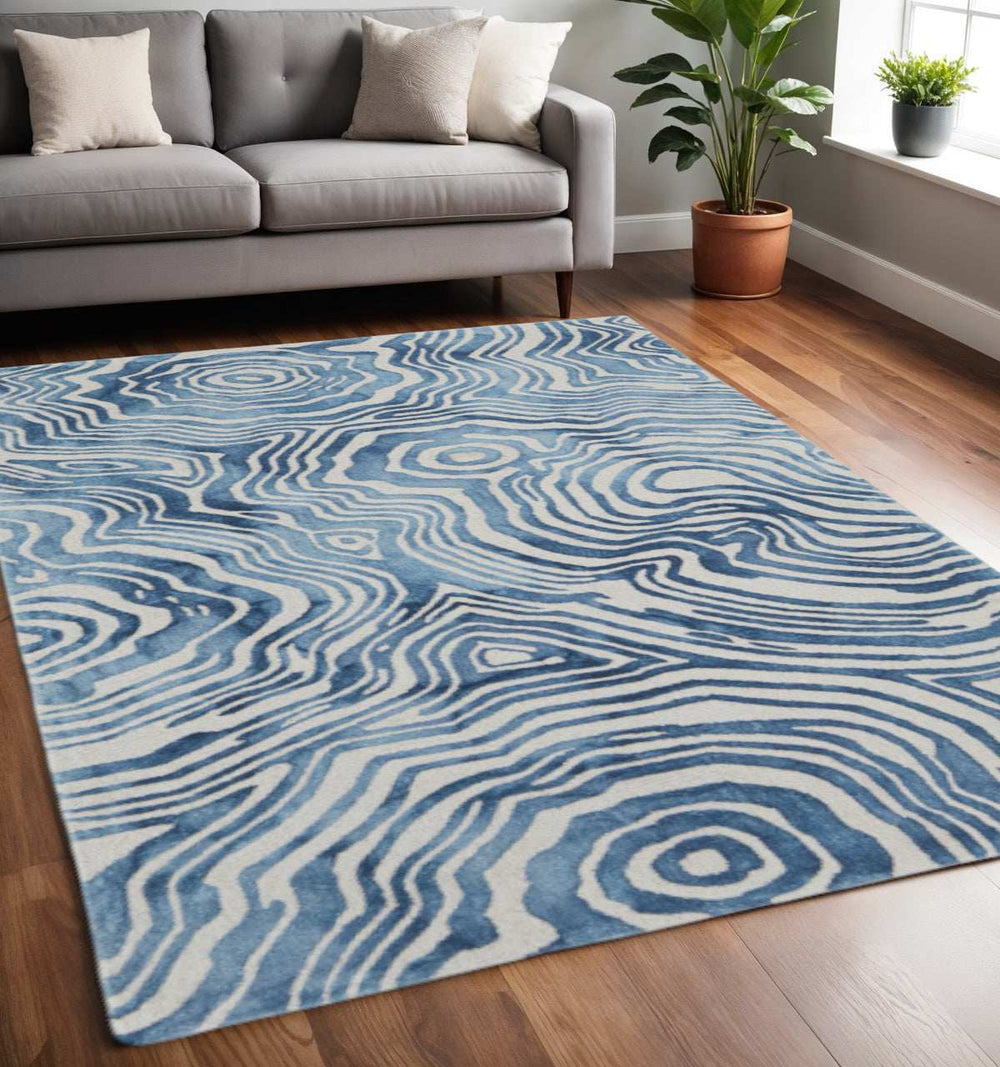 5' X 8' Blue And Ivory Wool Geometric Tufted Handmade Area Rug - Homeroots - Flyclothing LLC