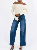 Off-Shoulder Ribbed Knit Sweater - Trendsi - Flyclothing LLC