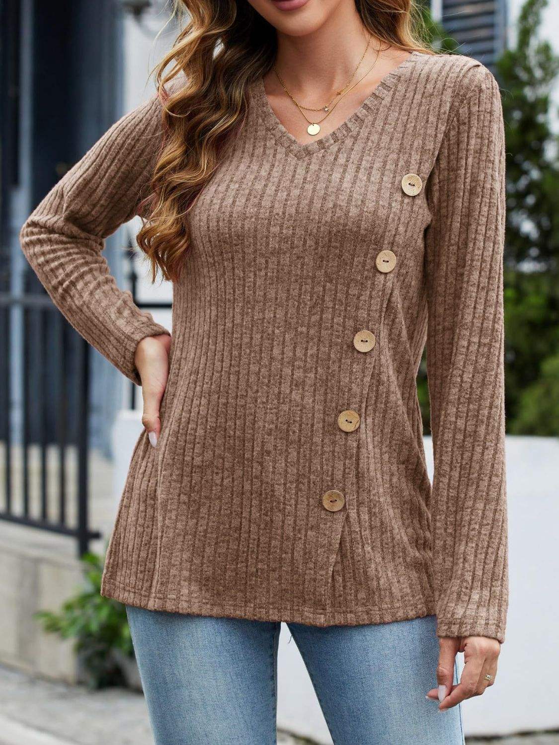 V-Neck Long Sleeve T-Shirt - Trendsi - Flyclothing LLC