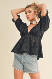 Aemi + Co Eyelet Embroidered V-Neck Half Sleeve Peplum Blouse - Trendsi