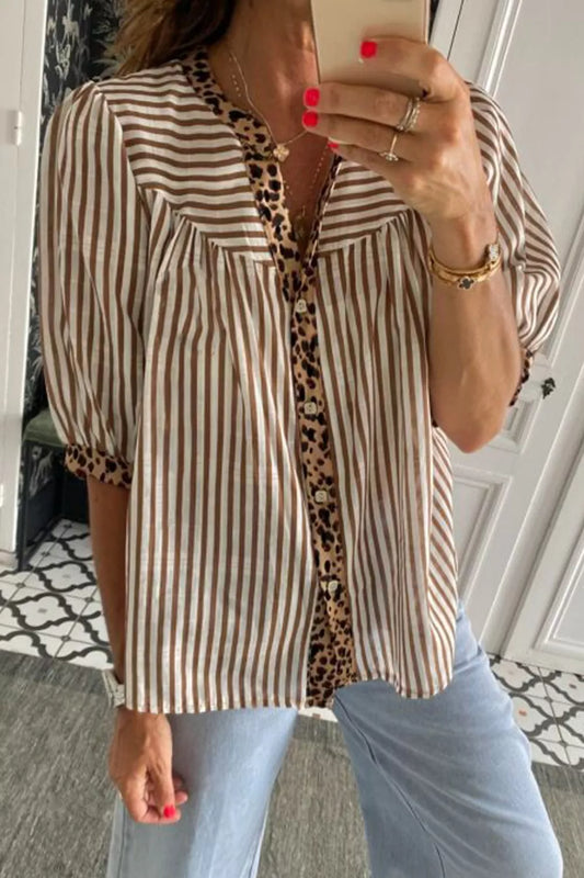 Striped Leopard Trim Button-Down Shirt - Trendsi - Flyclothing LLC