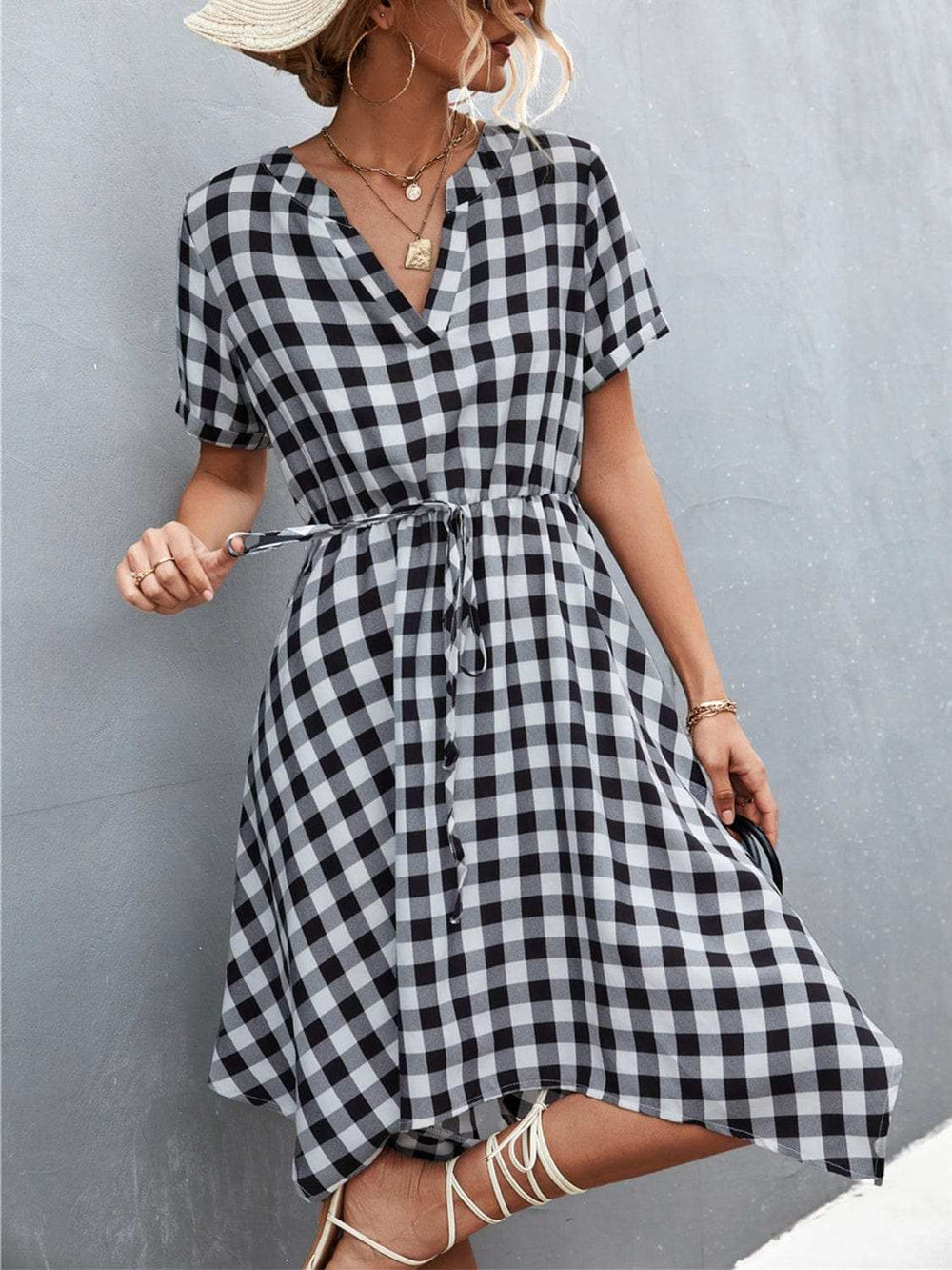 Plaid Notched Short Sleeve Dress - Trendsi - Flyclothing LLC