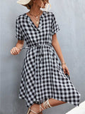 Plaid Notched Short Sleeve Dress - Trendsi - Flyclothing LLC