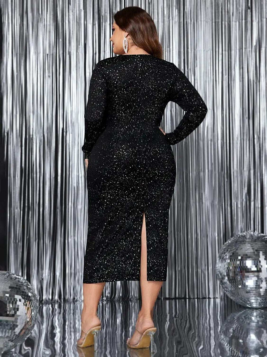 Plus Size Cutout Slit Round Neck Long Sleeve Dress - Trendsi - Flyclothing LLC