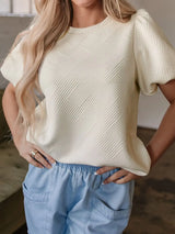 Textured Puff Sleeve T-Shirt - Trendsi - Flyclothing LLC