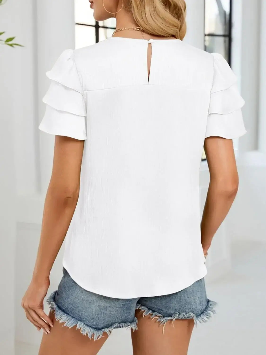 Smocked Round Neck Ruffled Layered Sleeve Blouse - Trendsi - Flyclothing LLC