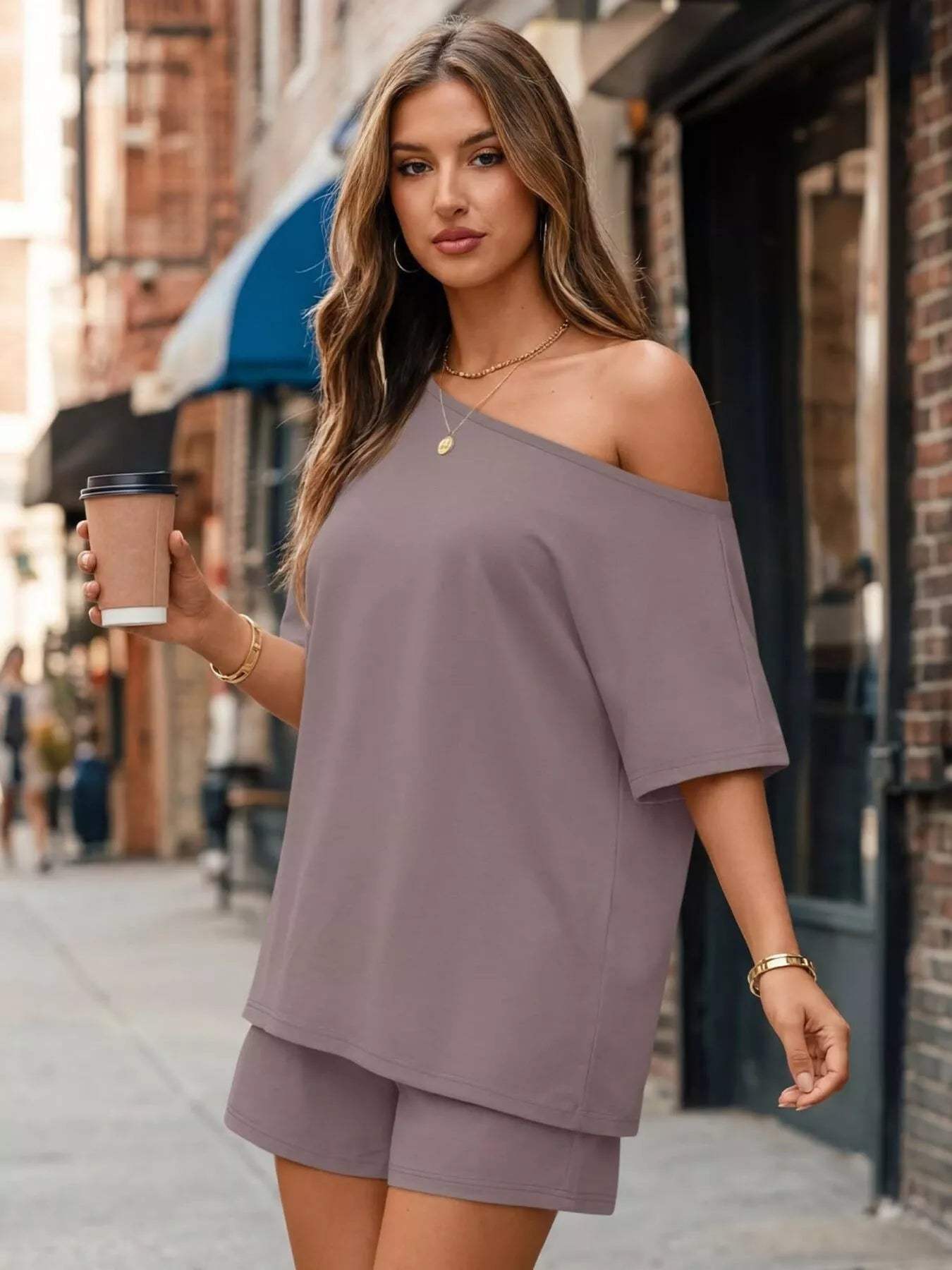 Full Size Boat Neck Tee and Shorts Set Plus Size - Trendsi - Flyclothing LLC