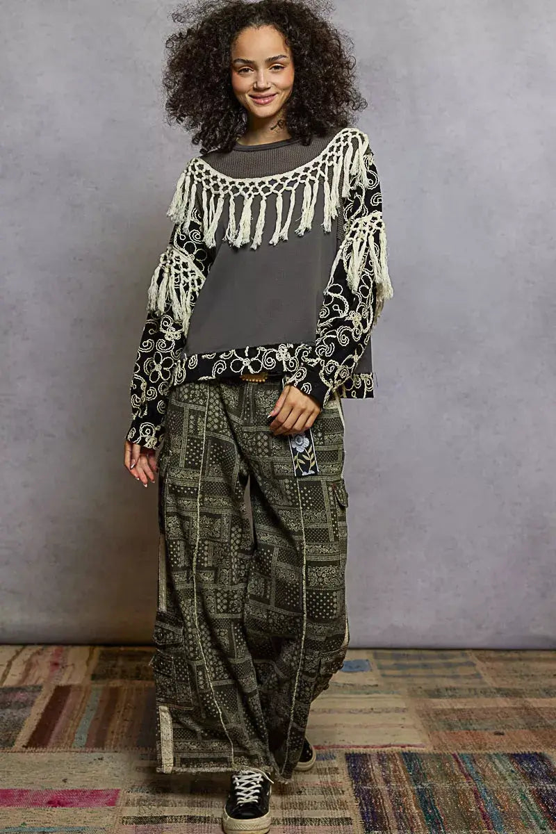 POL Contrast Floral Embroidery Balloon Sleeve Top with Tassel Trim - Trendsi - Flyclothing LLC