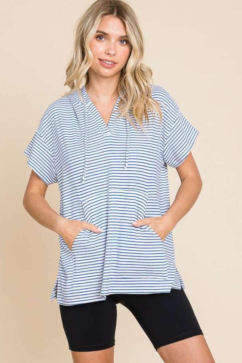 Culture Code Full Size Striped Short Sleeve Hooded Top - Trendsi - Flyclothing LLC