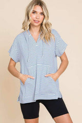 Culture Code Full Size Striped Short Sleeve Hooded Top - Trendsi - Flyclothing LLC