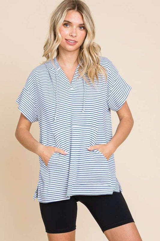 Culture Code Full Size Striped Short Sleeve Hooded Top - Trendsi