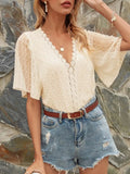 Lace Detail V-Neck Siwss Dot Blouse - Trendsi