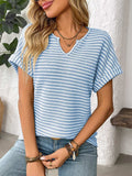 Striped Notched Short Sleeve T-Shirt - Trendsi - Flyclothing LLC