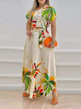 Tropical Print Button-Up Crop Top and Maxi Skirt Set、 - Trendsi - Flyclothing LLC