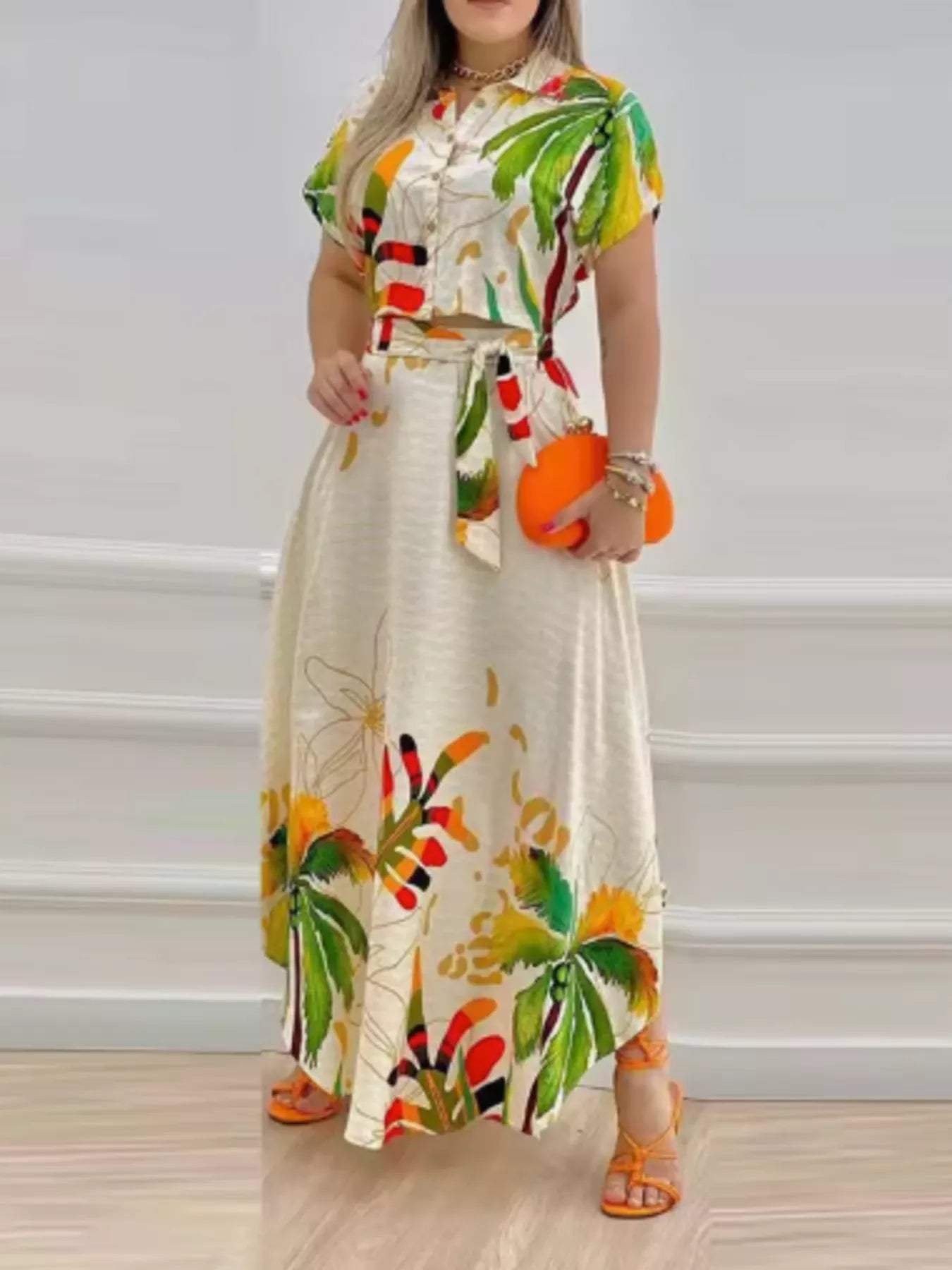 Tropical Print Button-Up Crop Top and Maxi Skirt Set、 - Trendsi - Flyclothing LLC