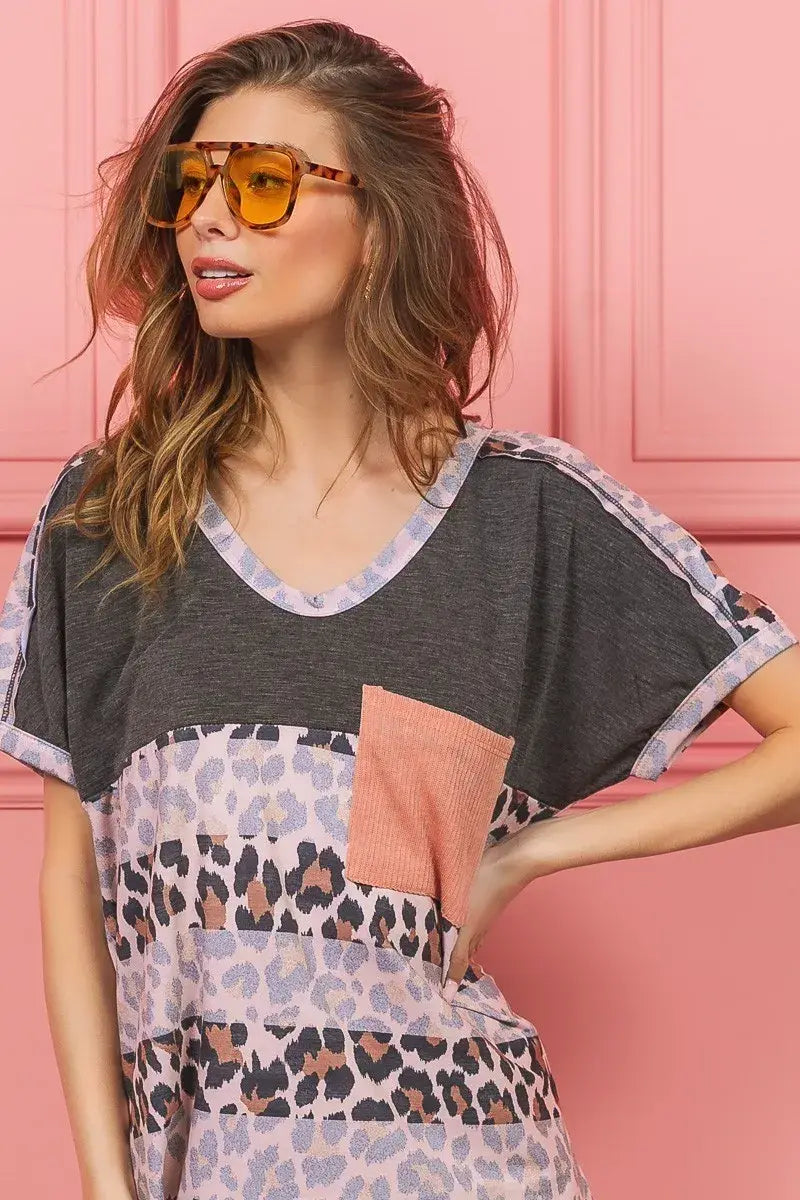BiBi Leopard Stripe with Slub Terry Color Block T-Shirt - Trendsi - Flyclothing LLC