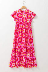 Printed Notched Cap Sleeve Dress - Trendsi - Flyclothing LLC