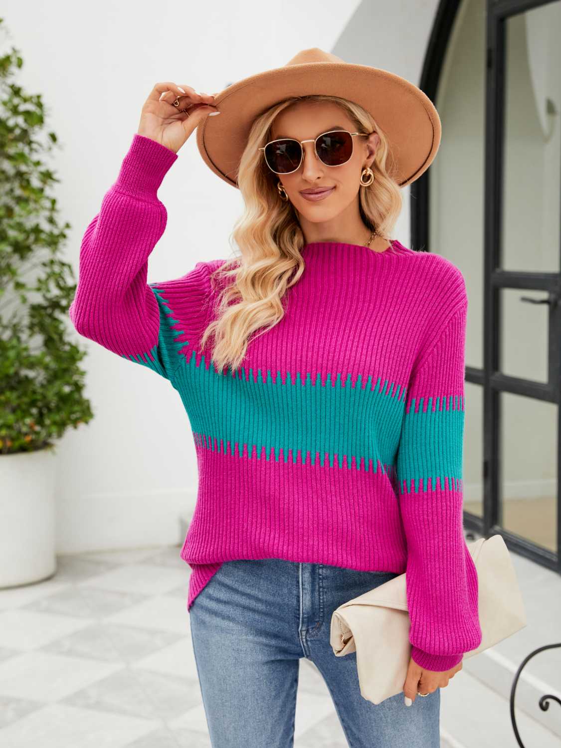 Contrast Round Neck Sweater - Trendsi - Flyclothing LLC