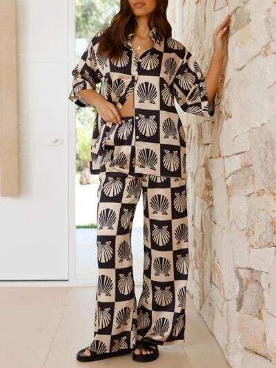 Printed Collared Neck Top and Wide Leg Pants Set - Trendsi - Flyclothing LLC
